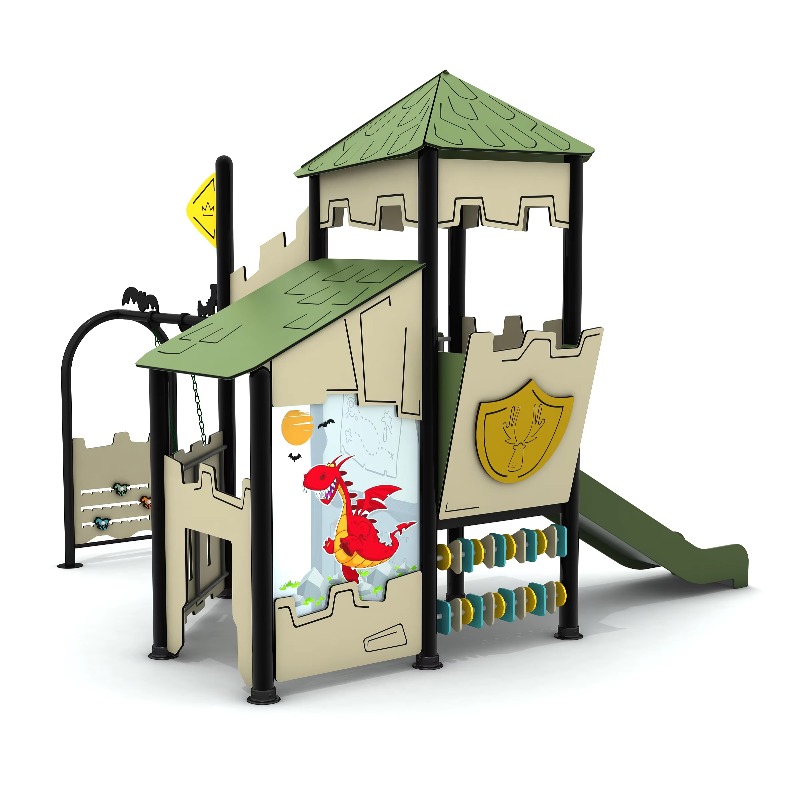 Kids Outdoor Wooden Playhouse - Wooden Outdoor Playground Set Steel Playhouse