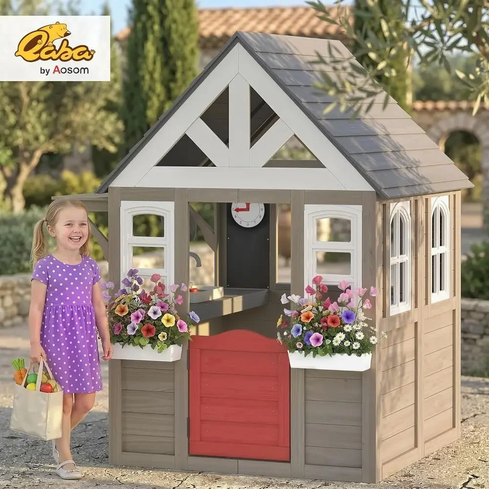 Qaba Outdoor Playhouse, Wooden - Kids Outdoor Wooden Playhouse recension och pris
